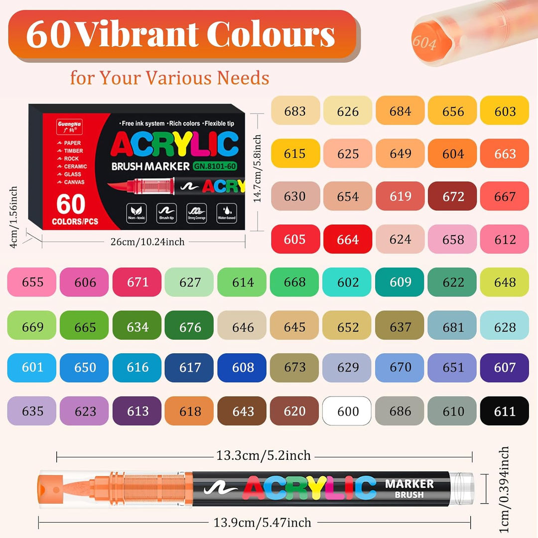 Funnasting 60 Farben Acrylstifte, Weiche Pinselspitze Acrylmarker, Acrylstifte Set für Steine Wasser