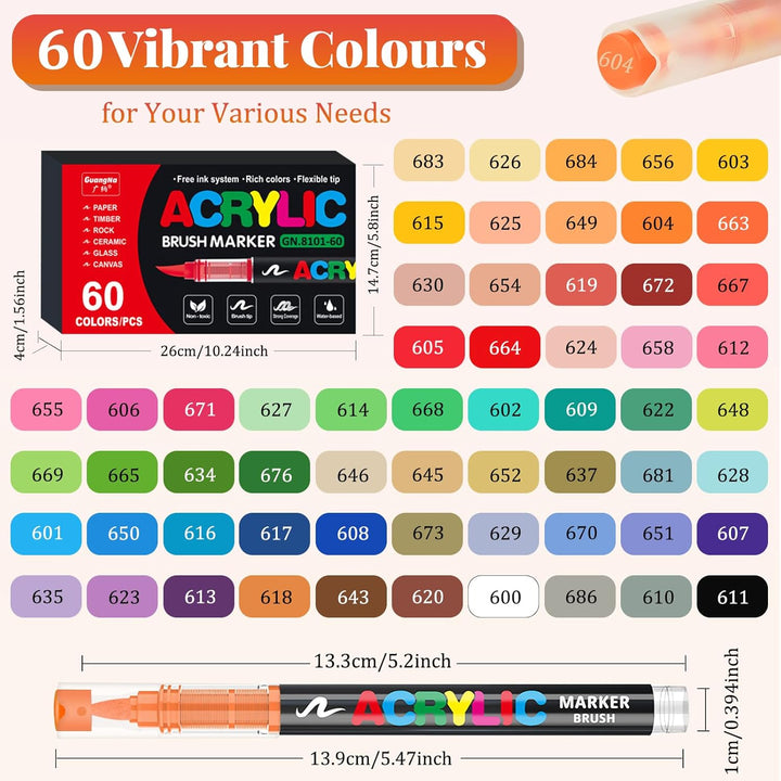 Funnasting 60 Farben Acrylstifte, Weiche Pinselspitze Acrylmarker, Acrylstifte Set für Steine Wasser