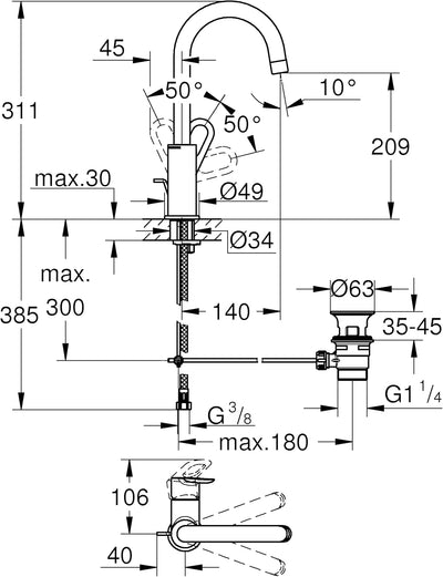 GROHE BauLoop - Einhand-Waschtischarmatur (L-Size, mit Keramikkartusche, Einlochmontage), chrom, 237