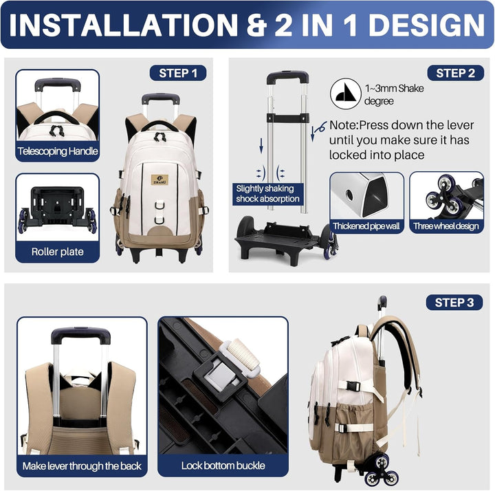 Schulrucksack mit Rollen Mädchen Jungen Teenager Trolley Kinder Rucksack mit Rollen Schule Schultasc