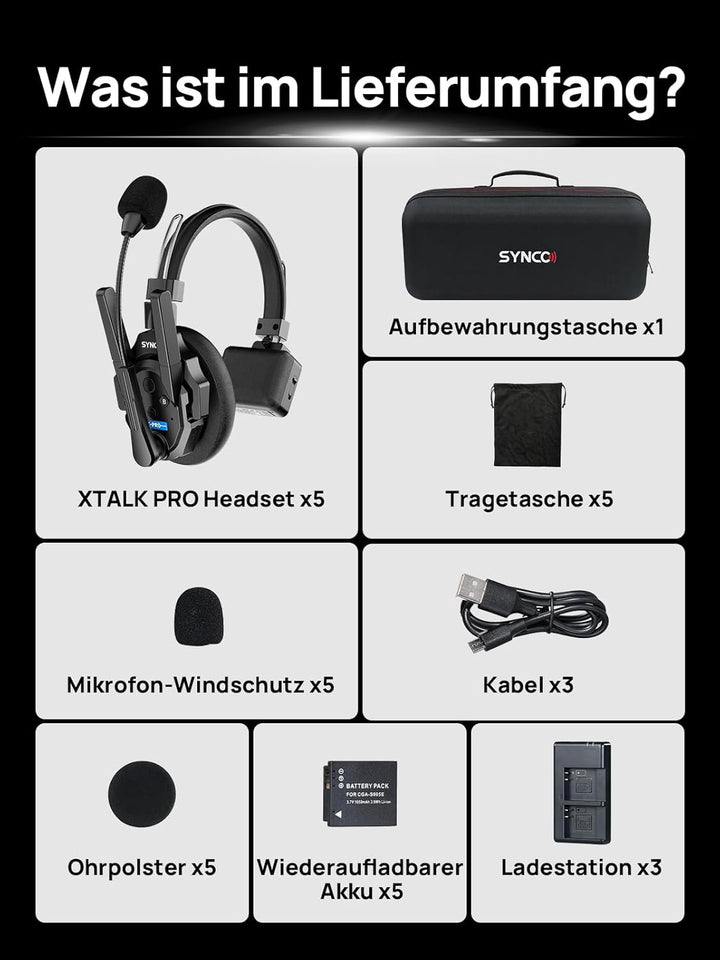 SYNCO XTALK XPRO5 Wireless Intercom Headset, 2,4GHz Vollduplex 24H Akkulaufzeit 500M Reichweite Echt