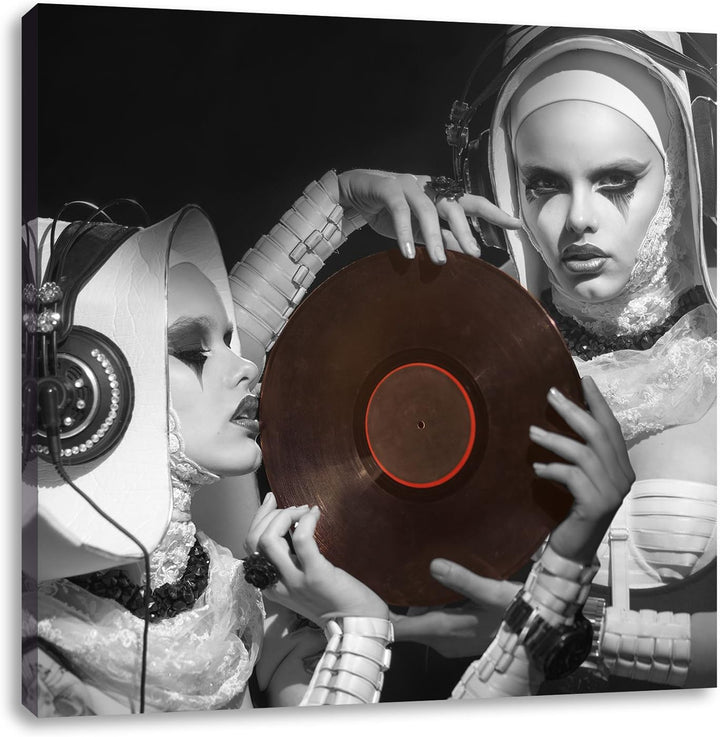 Pixxprint Mysteriöse DJ Frauen Schwarz/Weiss, Format: 70x70 auf Leinwand, 70x70
