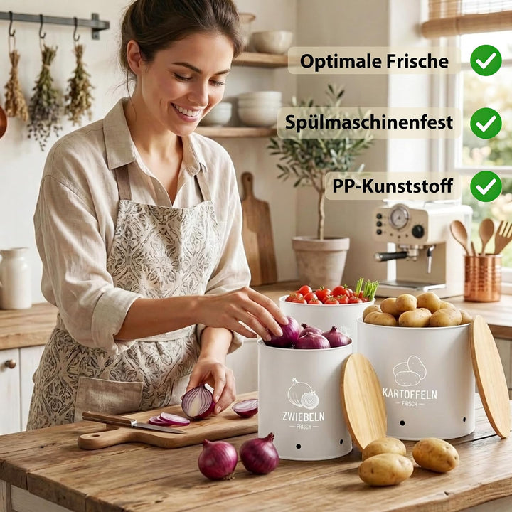 Kartoffel Aufbewahrungsbox 3er Set | Stapelbare mit Frischebelüftung, Kunststoff Kartoffelbox, Platz