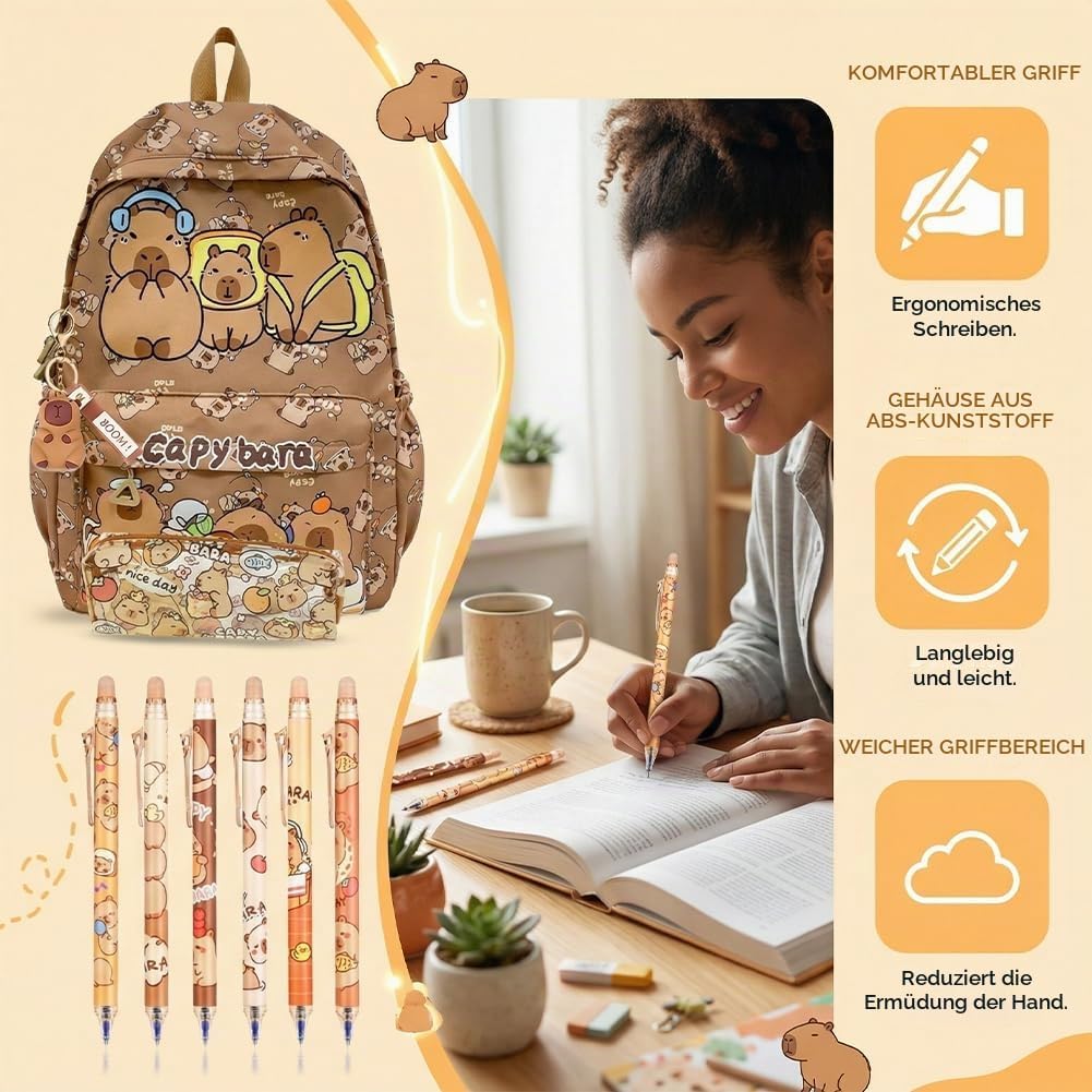 OPVXZAD Capybara Rucksack Set, Schulrucksack Grosse Kapazität mit Capybara Federmäppchen, Stiften &amp;
