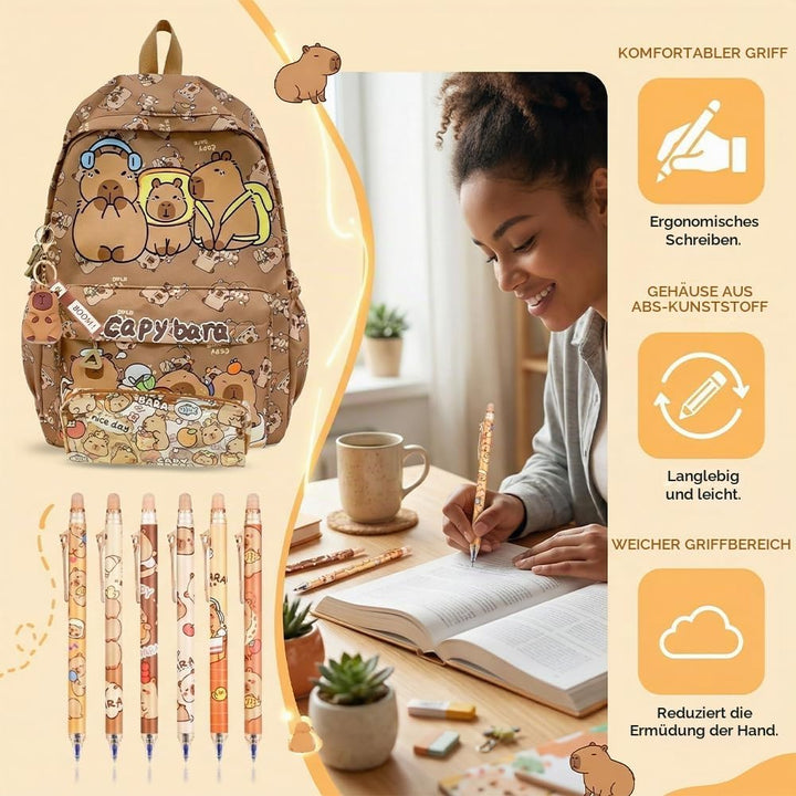 OPVXZAD Capybara Rucksack Set, Schulrucksack Grosse Kapazität mit Capybara Federmäppchen, Stiften &amp;