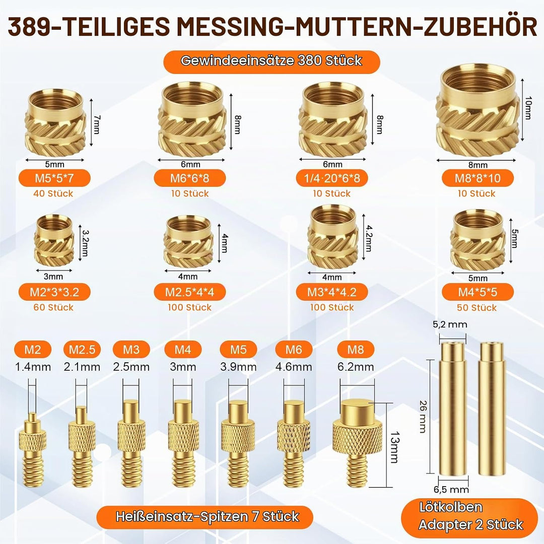 390 Stk Gewindeeinsätze Lötspitzen Set,80W LED Temperatur Einstellbar Lötkolben mit 380 Gewindeeinsä