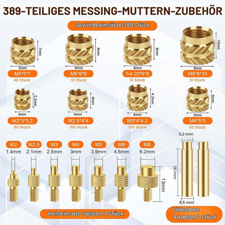 390 Stk Gewindeeinsätze Lötspitzen Set,80W LED Temperatur Einstellbar Lötkolben mit 380 Gewindeeinsä