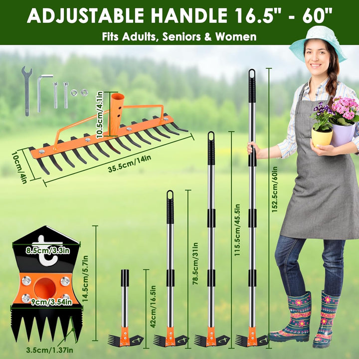 3-in-1 Unkrautstecher mit Langem Stiel 150cm, Gartenhacke, Gartenrechen | 6-zinkiger Gartenhacke, 14