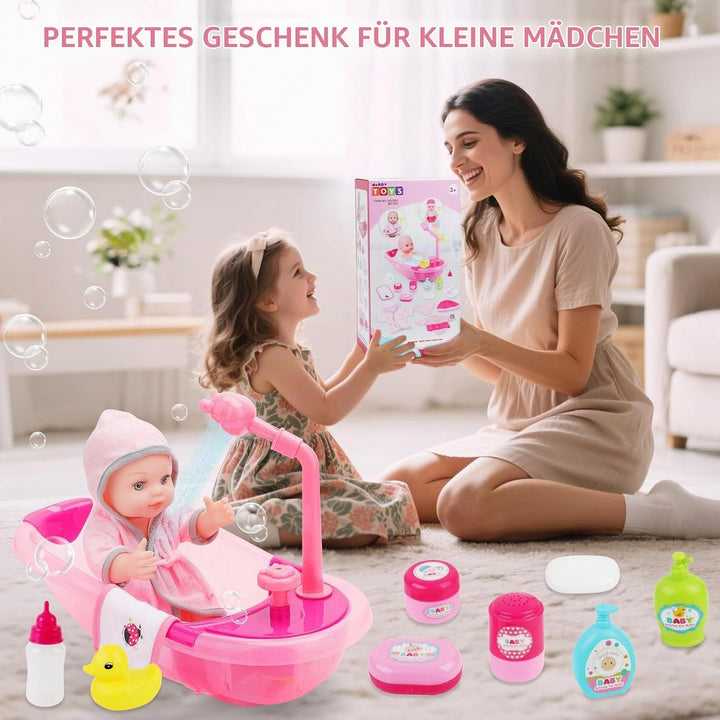 deAO Baby Puppe mit Badewanne und Zubehör, 30cm Badepuppe für Mädchen | mit Funktionierender Dusche