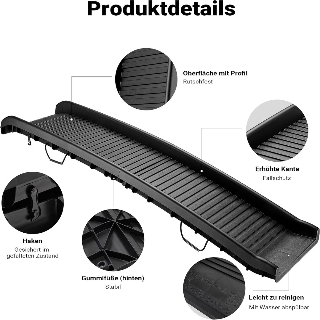 Wiltec Hunderampe faltbar, 156 x 40 cm, geklappt 79 x 40 cm, aus Kunststoff, rutschsicher, Traglast