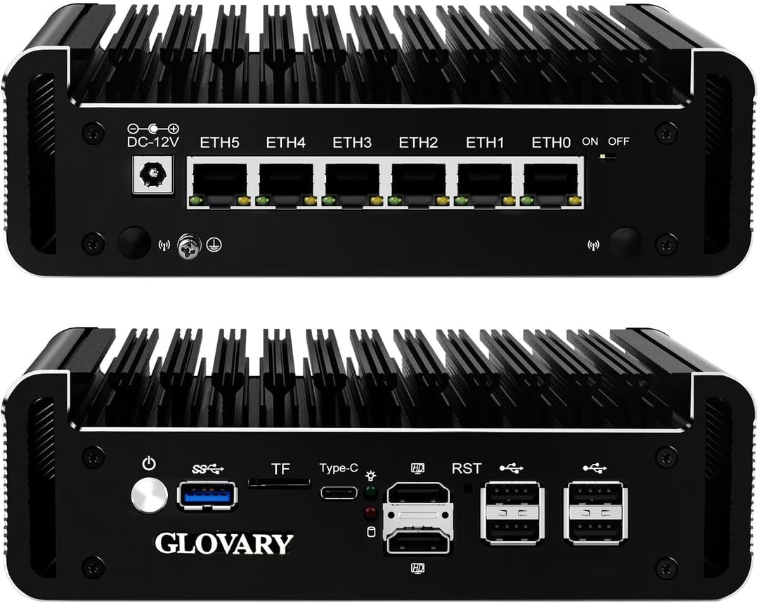 Glovary Firewall Mini PC Quad Core N100, DDR5 8GB RAM 128GB NVMe SSD, 6 x 2.5GbE i226V LAN Fanless C