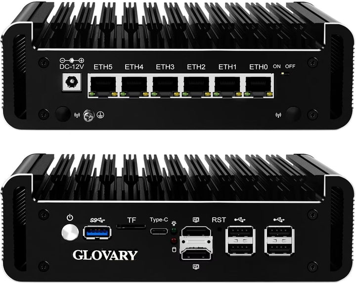 Glovary Firewall Mini PC Quad Core N100, DDR5 8GB RAM 128GB NVMe SSD, 6 x 2.5GbE i226V LAN Fanless C