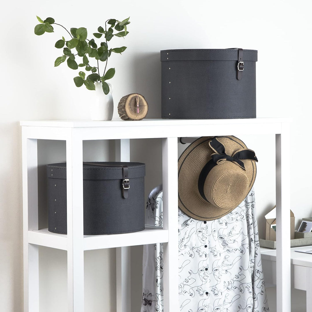BIGSO RUT 2er-Set Aufbewahrungsbox mit Deckel – runde Ordnungsbox mit Lederriemen – grosse und klein