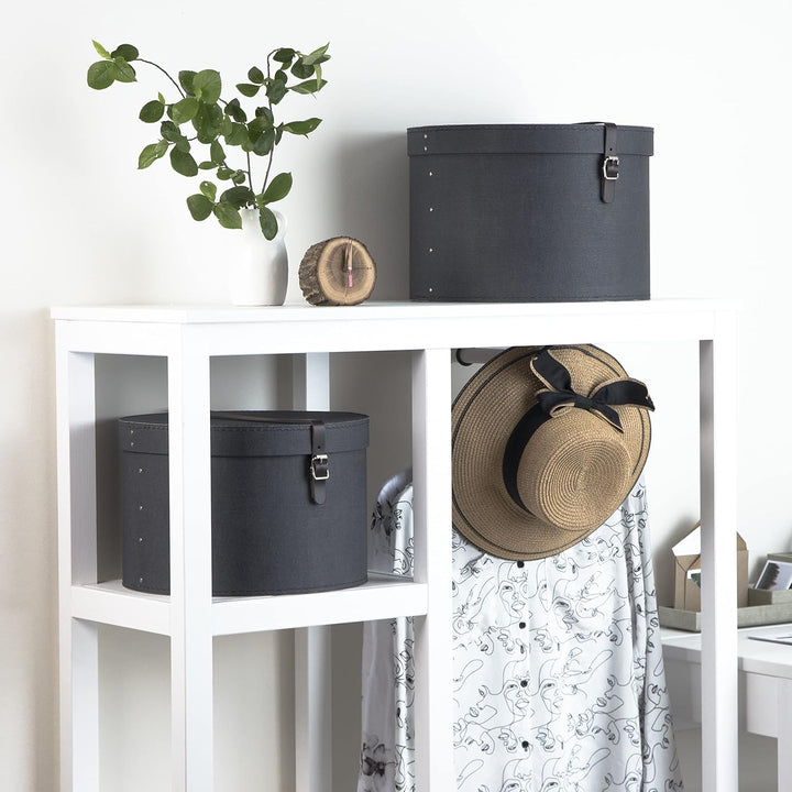BIGSO RUT 2er-Set Aufbewahrungsbox mit Deckel – runde Ordnungsbox mit Lederriemen – grosse und klein