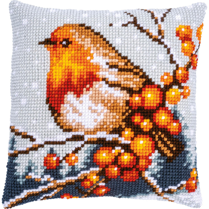 Vervaco PN-0199077 Kreuzstich-Kissen, Rotkehlchen, Ecru, ca. 40 x 40 cm