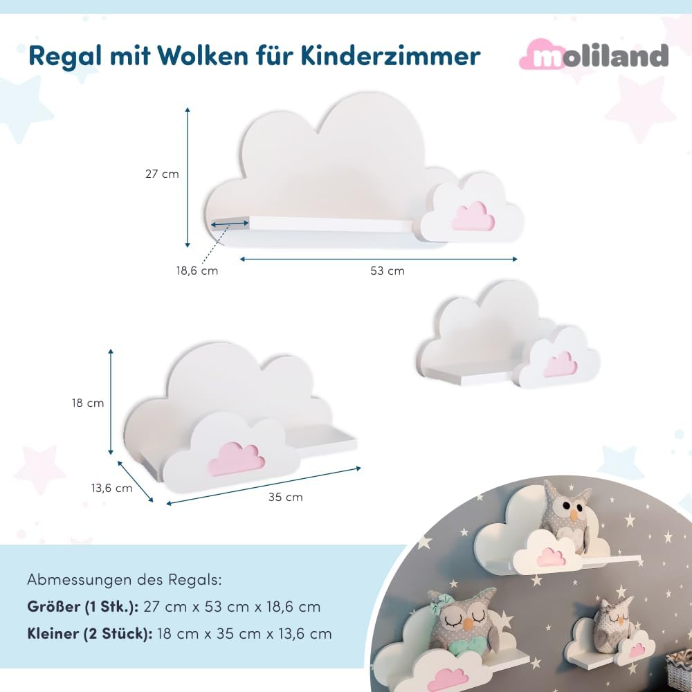 3er Set Wandregal Kinderzimmer Weiss | Babyzimmer Wolkenregal für Bücher, Spielzeug, Dekoration | Re