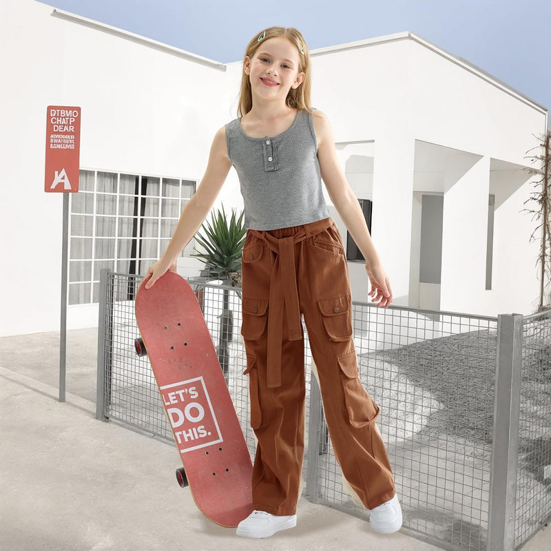 Rolanko Mädchen Baggy Cargo Hose, Elastisch Hohe Taille Gerade Weites Bein Streetwear Hose mit Mehre