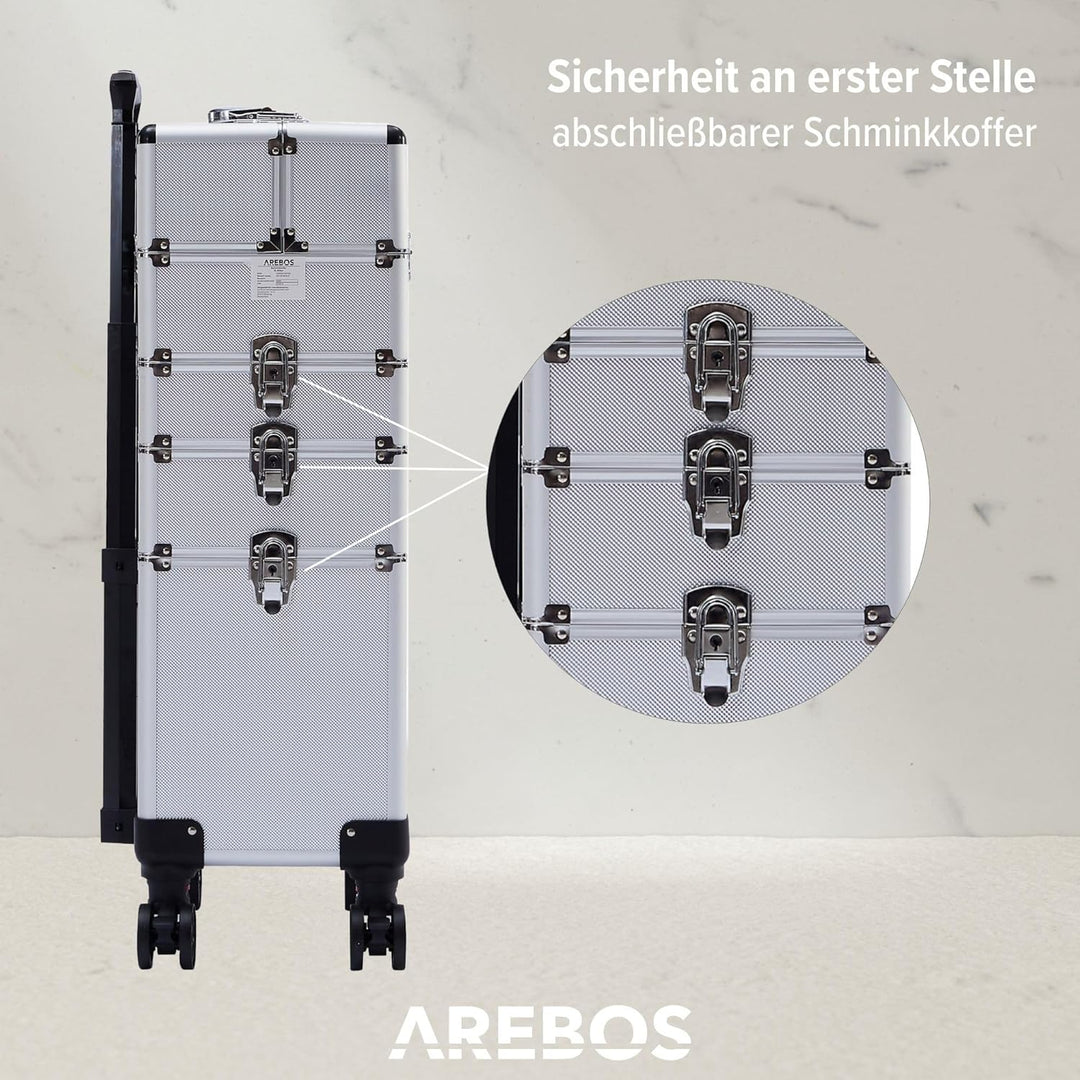 Arebos 4-in-1 Kosmetikkoffer | 4 Fächer & 1 Schublade | Teleskop- und Tragegriff | 8 Schlösser | 4X