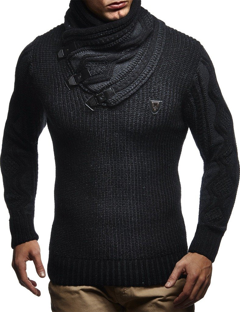 Leif Nelson Herren Strick-Pullover Schalkragen Slim Fit Winter Sommer Moderner Männer schwarzer Pull