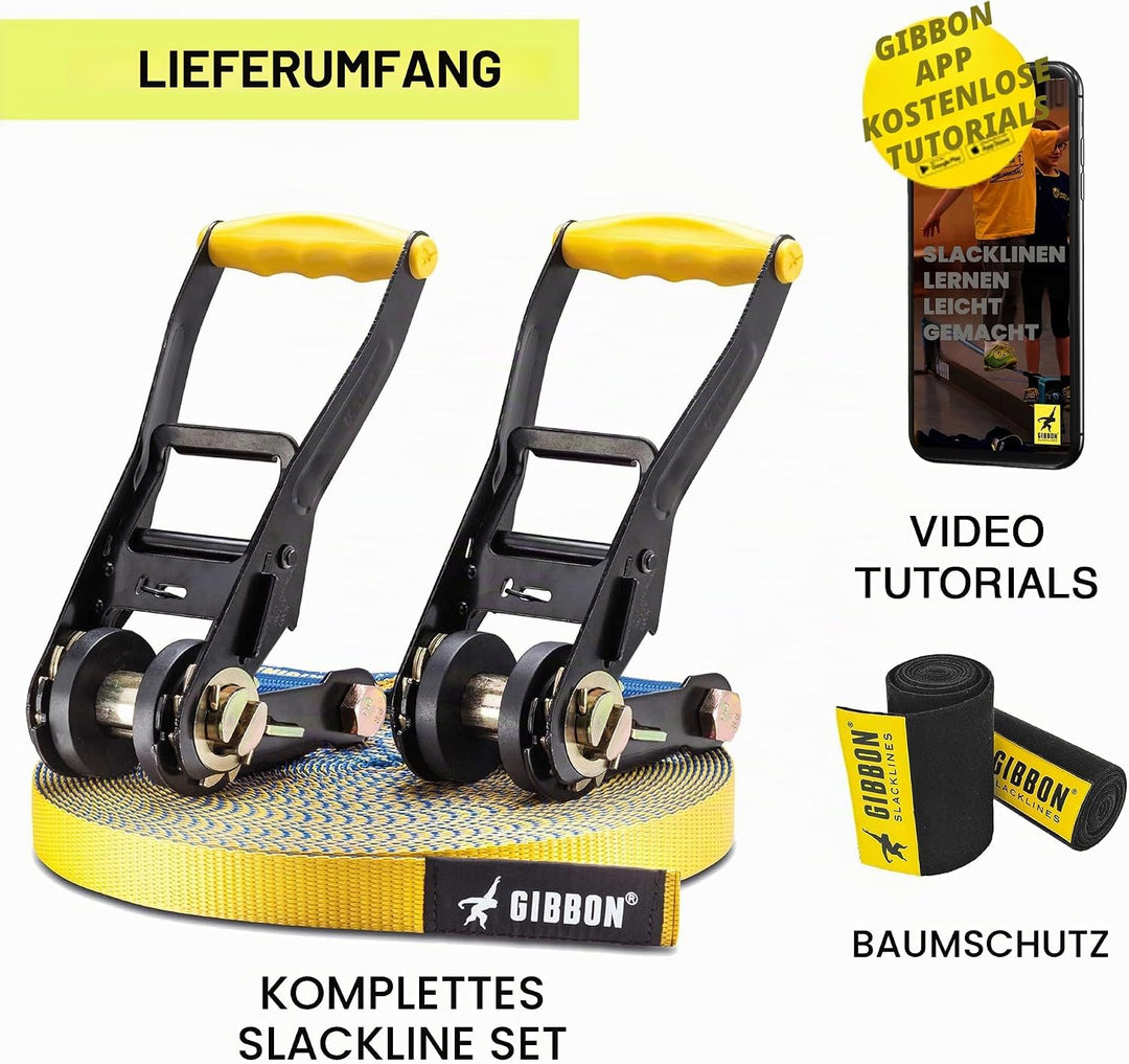 Gibbon Slacklines FlowLine | 1 Zoll / 2,5cm Band | Anfänger &amp; Fortgeschrittene | Doppelratsche &amp; Spa