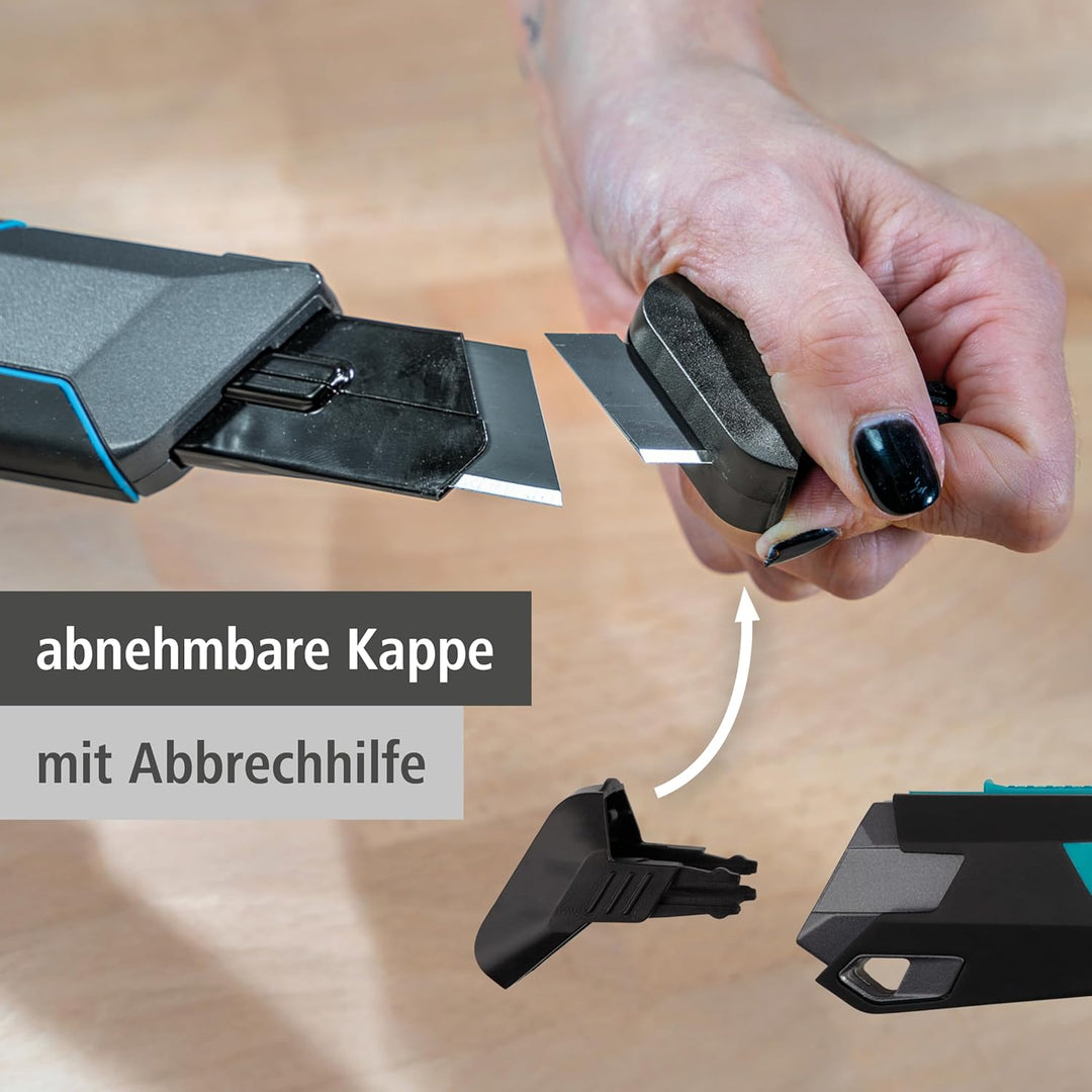 wolfcraft Cuttermesser PRO SAFETY, 25 mm - mit optimale Ergonomie für Links- und Rechtshänder - Extr
