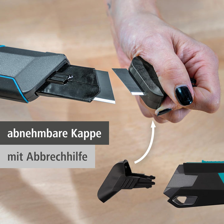 wolfcraft Cuttermesser PRO SAFETY, 25 mm - mit optimale Ergonomie für Links- und Rechtshänder - Extr
