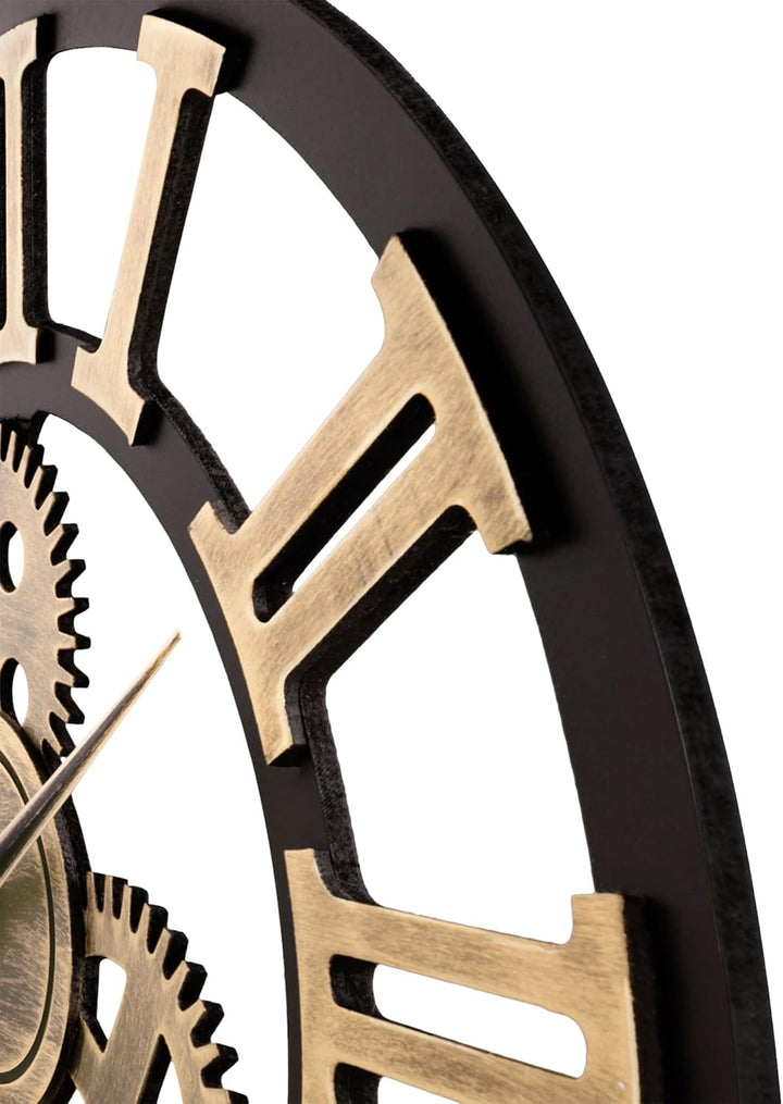 Lafocuse Holz Wanduhr Industrial Gold, Lautlos Vintage Gross 60 cm XXL, Zahnrad Römische Ziffern Ste