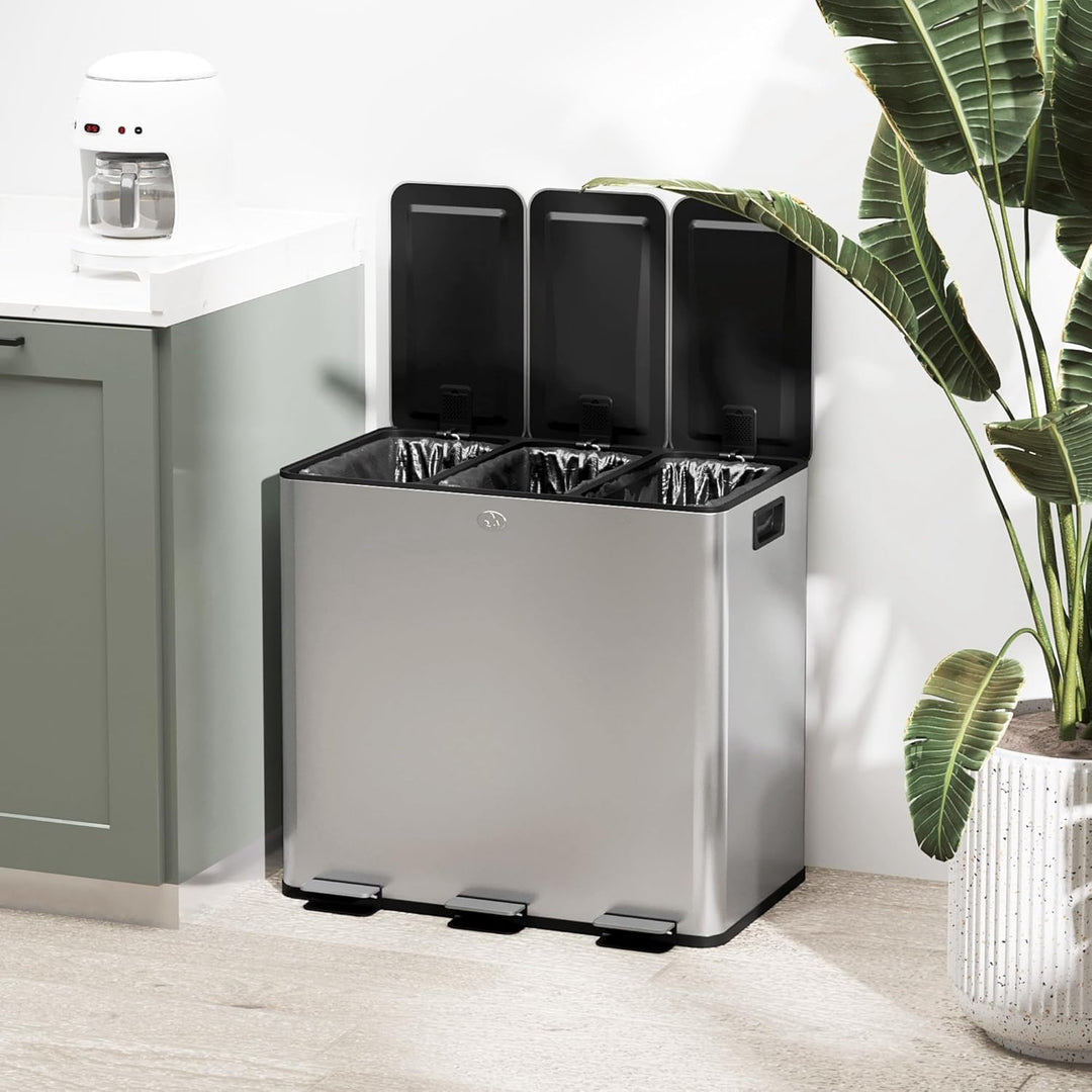HOMCOM Mülleimer Küche 3 x 15 L Treteimer mit Softclose-Deckel und Pedal Mülltrennsystem 3 Fächer in