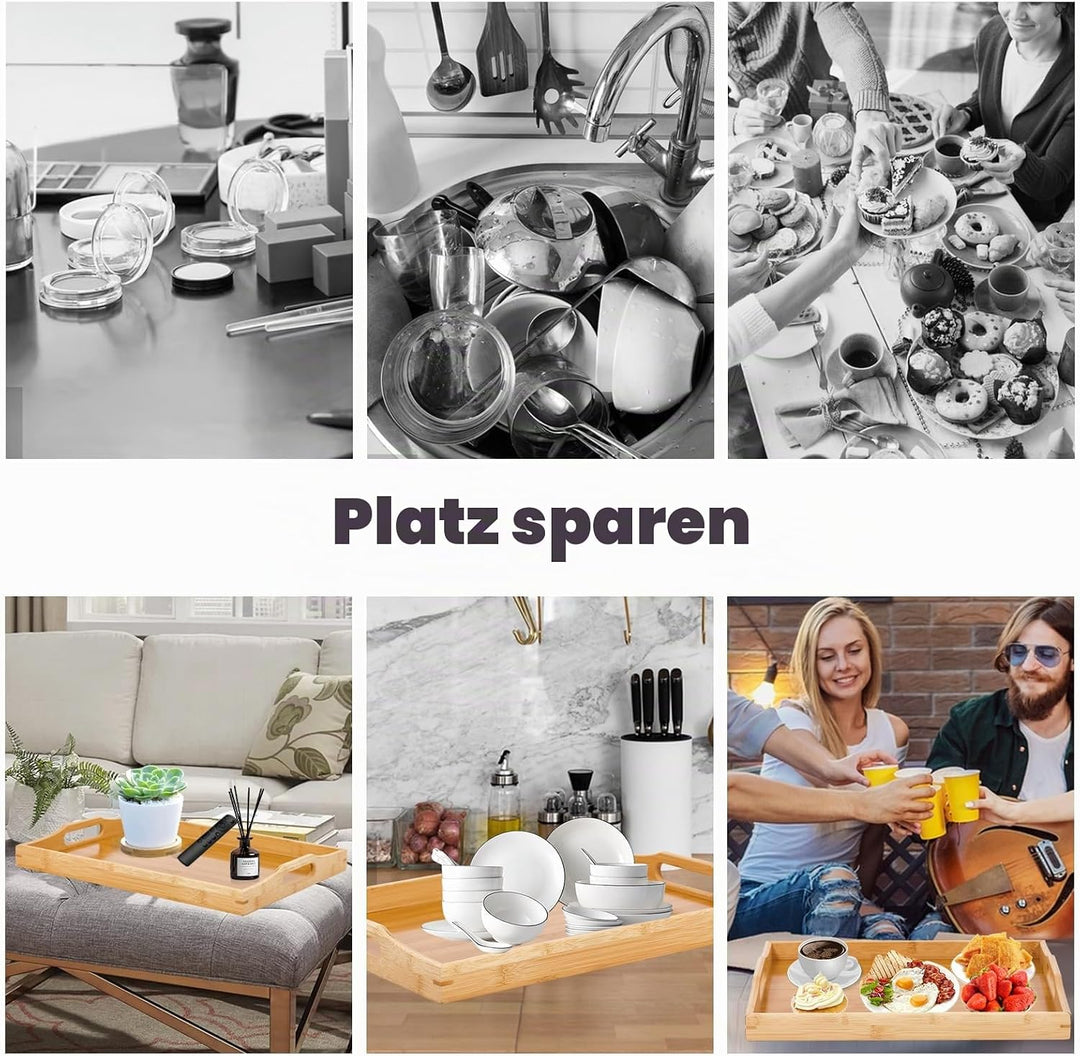 Yvttve Bambus Tablett Serviertablett mit Griffen, Rechteckig Holz Tablett Gross Küchentablett für Fr
