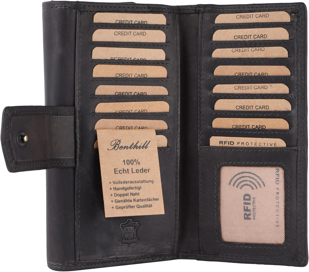 Benthill Damen Geldbörse Gross Echt Leder | Grosses Portemonnaie XXL mit RFID Schutz | Vintage Echtl