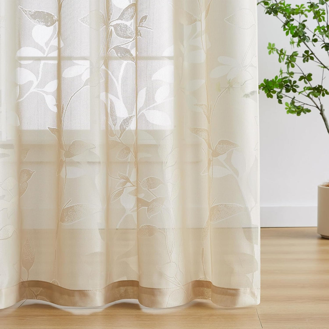 Treatmentex Durchsichtig Spitze Vorhang Jacquard Gardinen mit Ösen Blättermuster Halbtransparente Vo