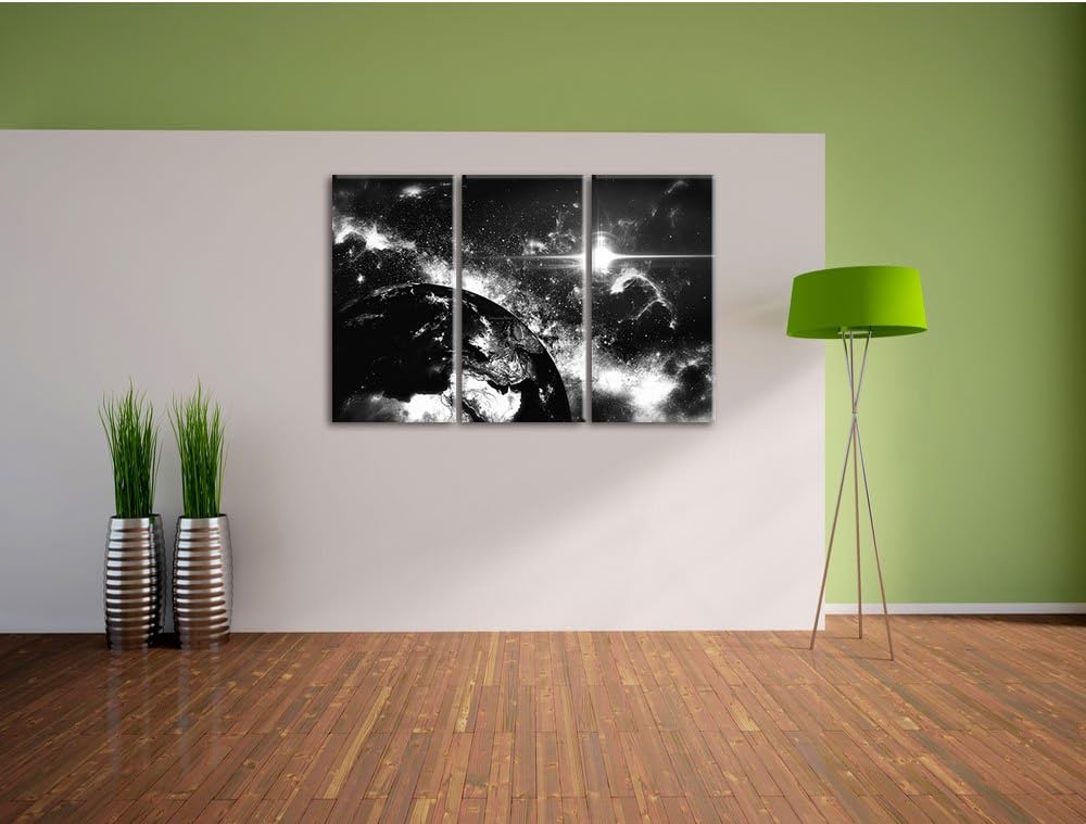 Pixxprint die Erde von Oben bei Nacht Kunst B&W 3-Teiler Leinwandbild 120x80 Bild auf Leinwand