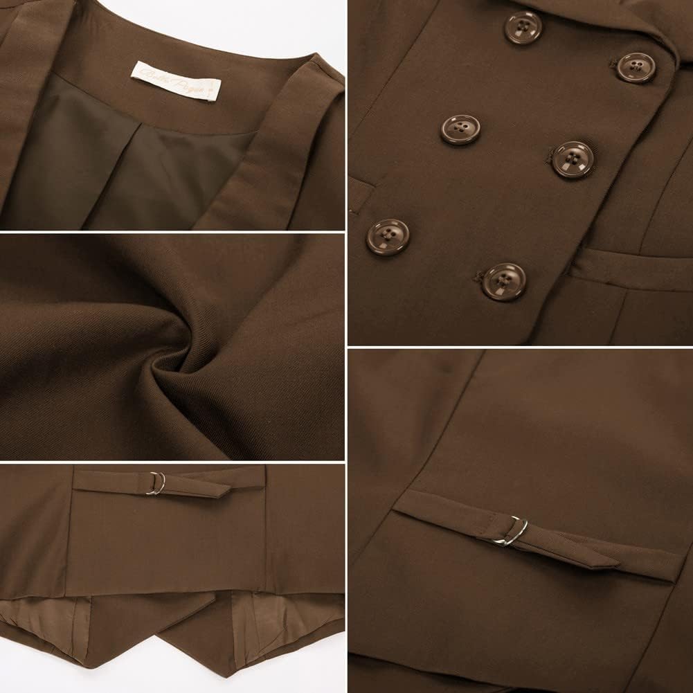 Belle Poque Damen Weste mit Gebogenes Revers V-Ausschnitt Karierte Weste mit Zwei Taschen Geometrisc