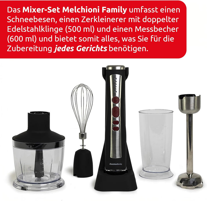 Melchioni Family | Wiederaufladbarer kabelloser Stabmixer Set mit Schneebesen, Zerkleinerer, Mixer u