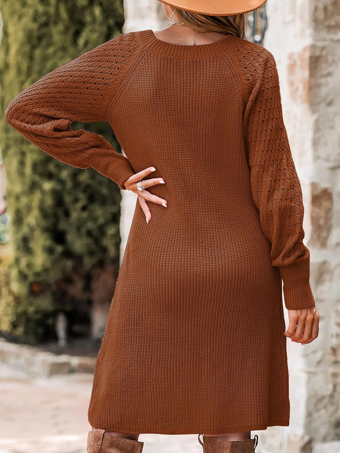 CUPSHE Damen Strickkleid Pulloverkleid Rundhals Wabenstrick Langarm Herbst Winter Feinstrick Pullikl