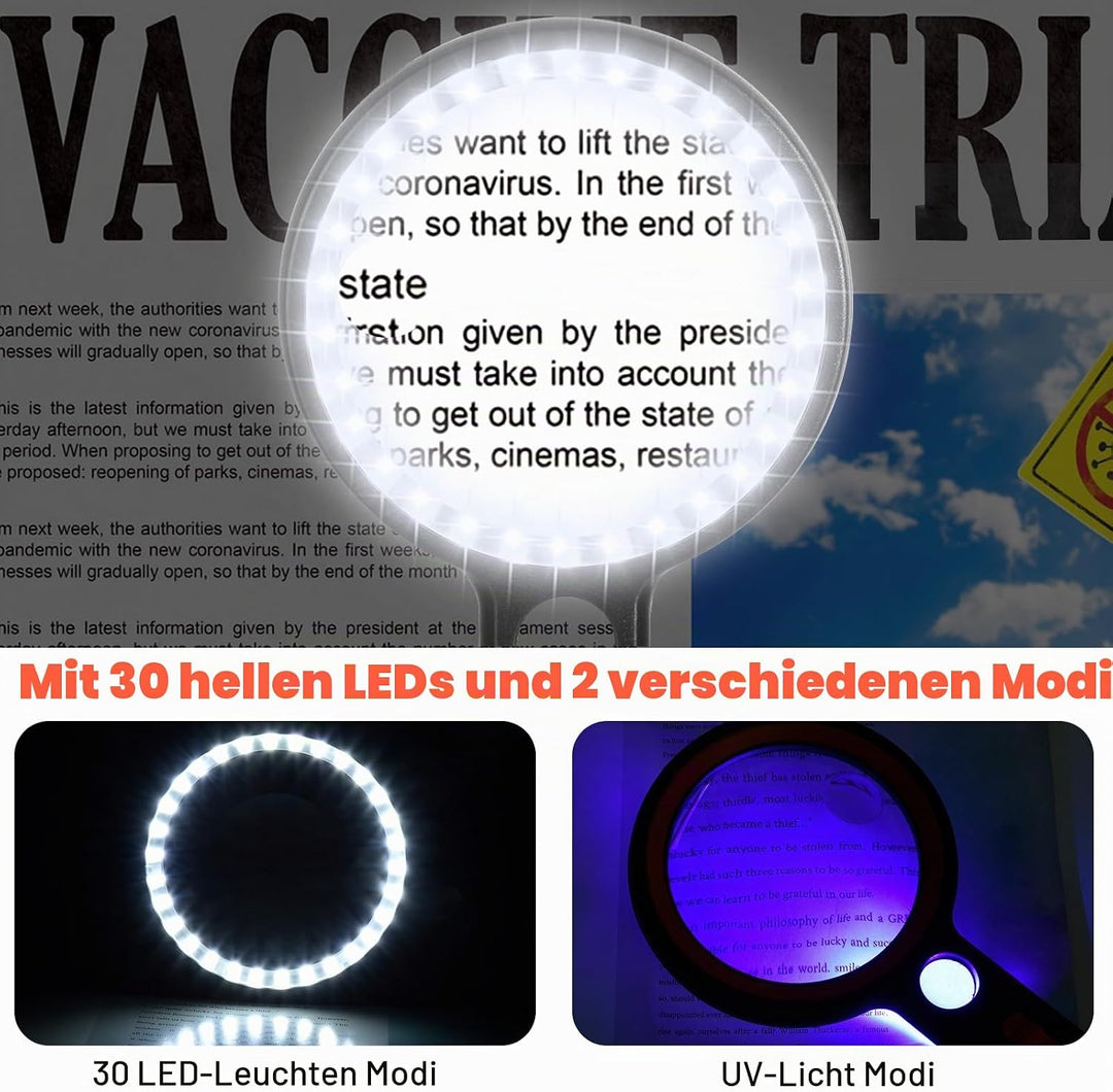 Lupe mit Licht mit 30 LED, 30X 45X 60X Leselupe mit Licht Gross, 30 Fach Vergrösserung Handlupe mit