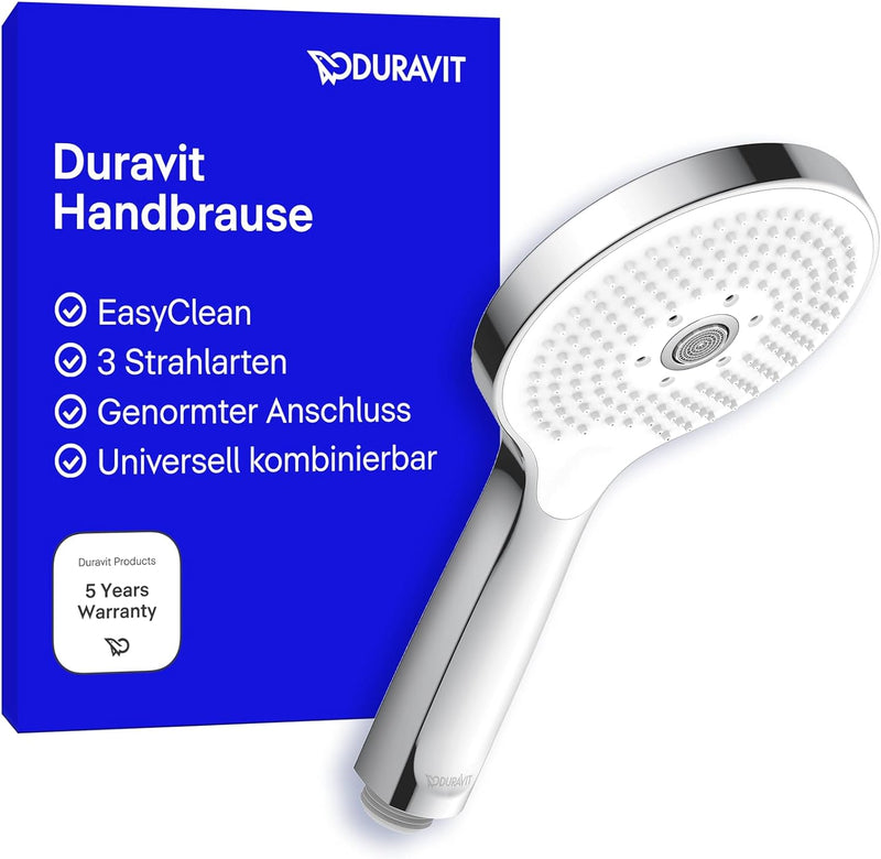 Duravit Universal Duschkopf, Duschbrause mit 3 Strahlarten (Rain, Pulse, Mono), Handbrause rund (Ø 1