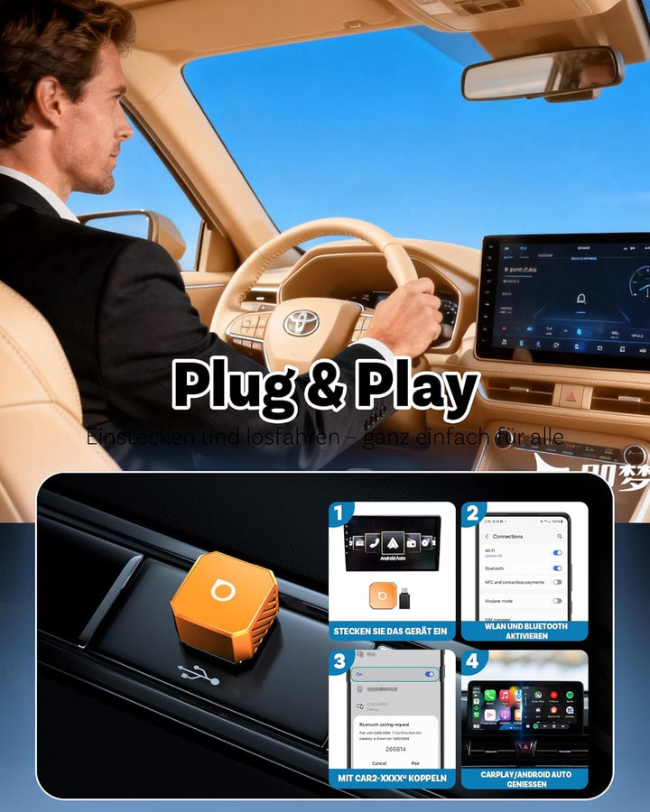 2026 Ottocast Mini Pot Orange, 2-in-1 Wireless CarPlay & Android Auto Adapter, Plug & Play Funk-Dong