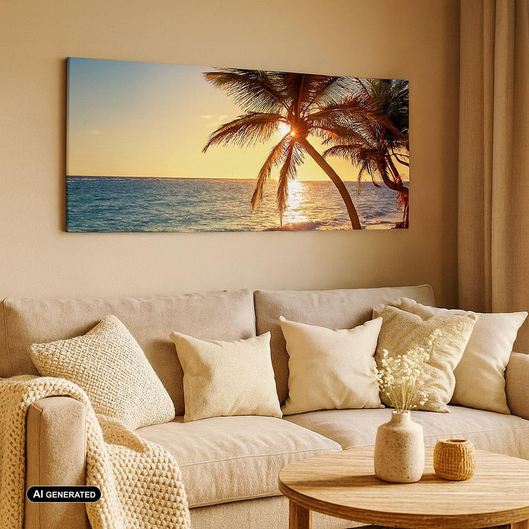 ARTTOR Bilder auf Leinwand 100x40cm Leinwandbild Wolke exotischer Palm- Landschaft Gross Wanddeko Bi