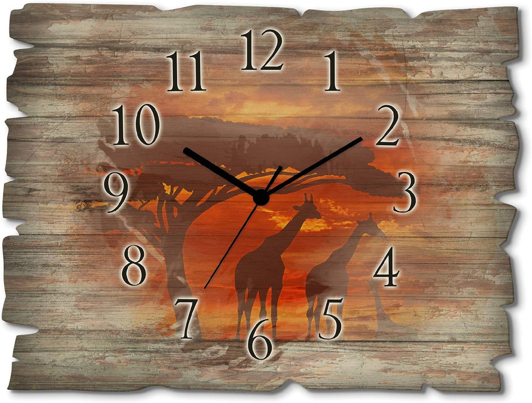 ARTLAND Wanduhr ohne Tickgeräusche aus Holz Funkuhr 40x30 cm Rechteckig Lautlos Afrika Tiere Giraffe