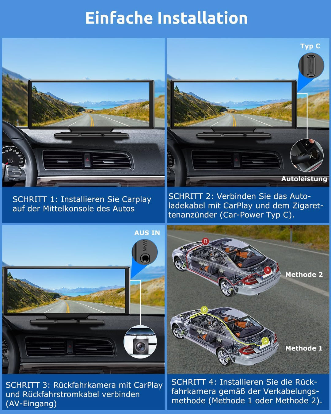 ESSGOO A-pple CarPlay & Android Auto,10.26 Zoll IPS Carplay Display,mit 4K-Dashcam,1080P-Rückfahrkam