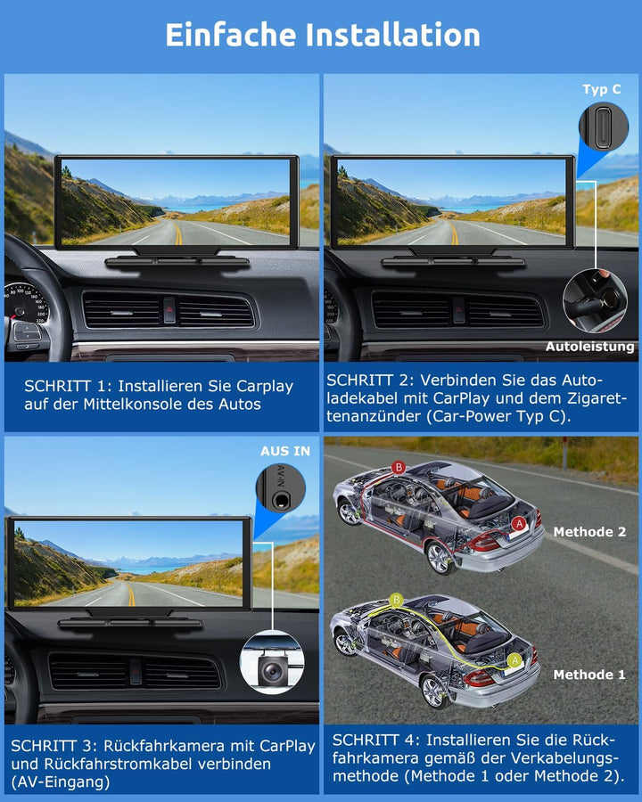 ESSGOO A-pple CarPlay & Android Auto,10.26 Zoll IPS Carplay Display,mit 4K-Dashcam,1080P-Rückfahrkam