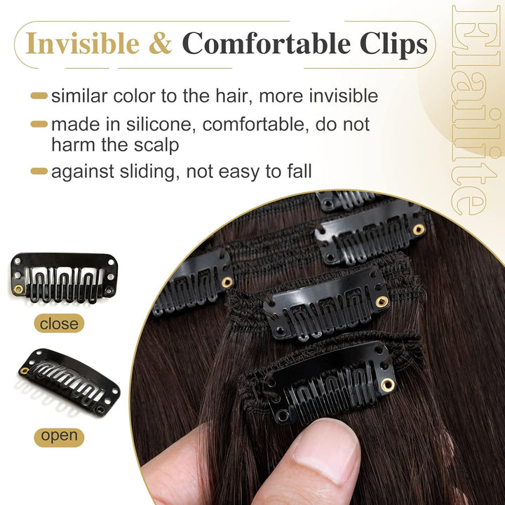Elailite Echthaar Extensions Clip in 8 Tressen Voller Kopf 140g #2 Dunkelbraun, 45cm Haarverlängerun