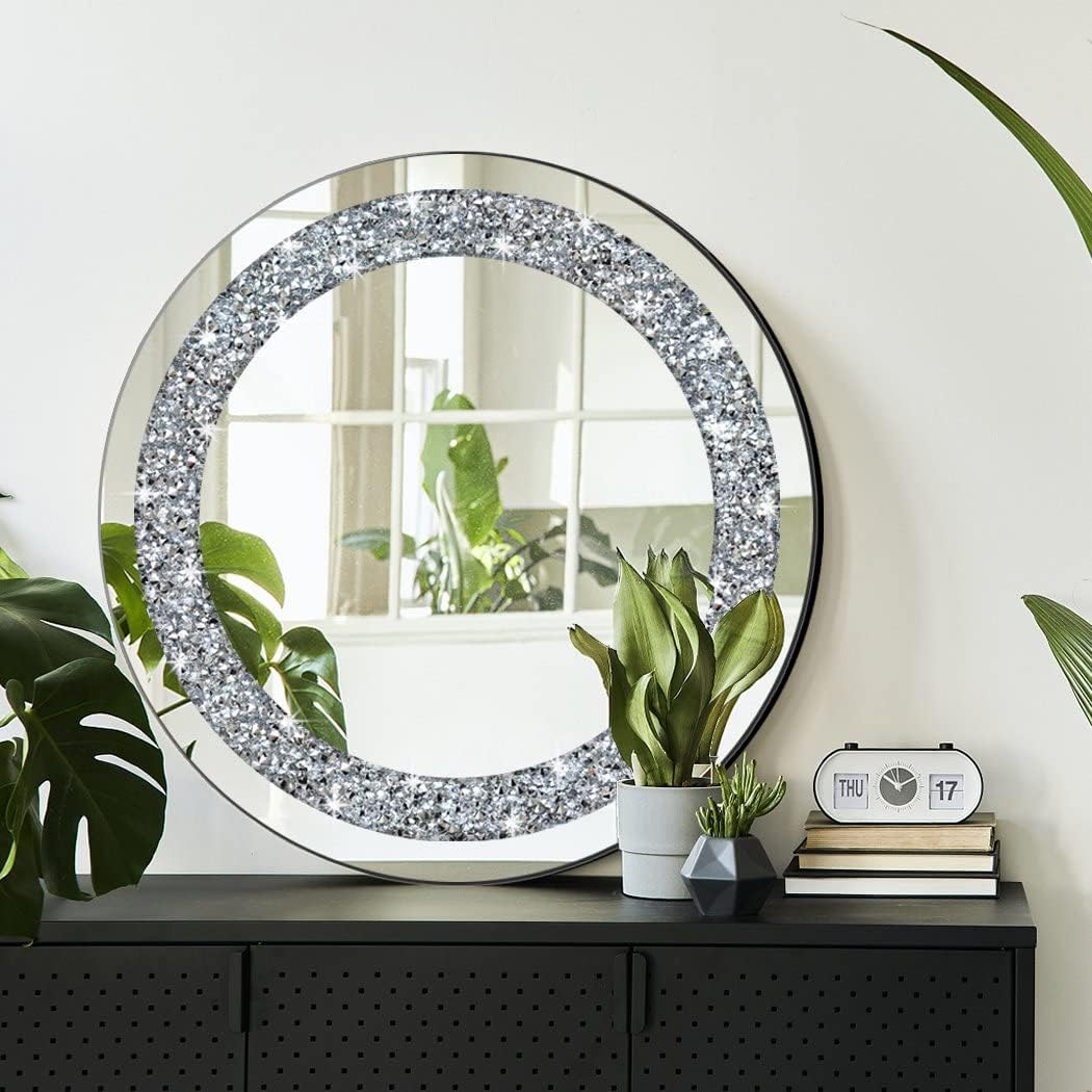 QMDECOR Crystal Crush Diamond Sparkly Round Silver Mirror for Wall Decoration 50,8 x 50,8 x 2,5 cm W