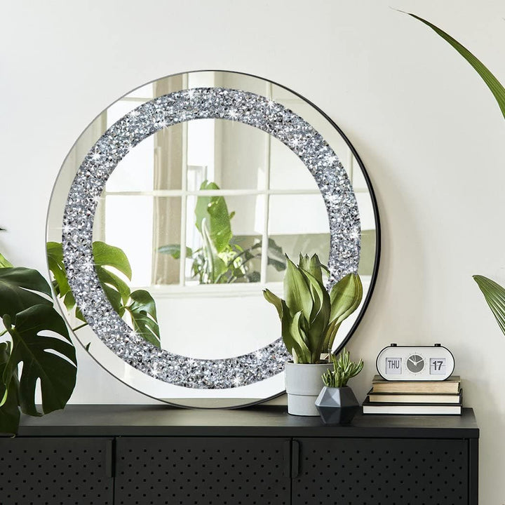 QMDECOR Crystal Crush Diamond Sparkly Round Silver Mirror for Wall Decoration 50,8 x 50,8 x 2,5 cm W