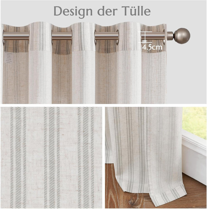 TOPICK Leinen Gestreifte Vorhänge Grau Streifen Gardinen mit Ösen Ticking Streifen Muster Leinenopti