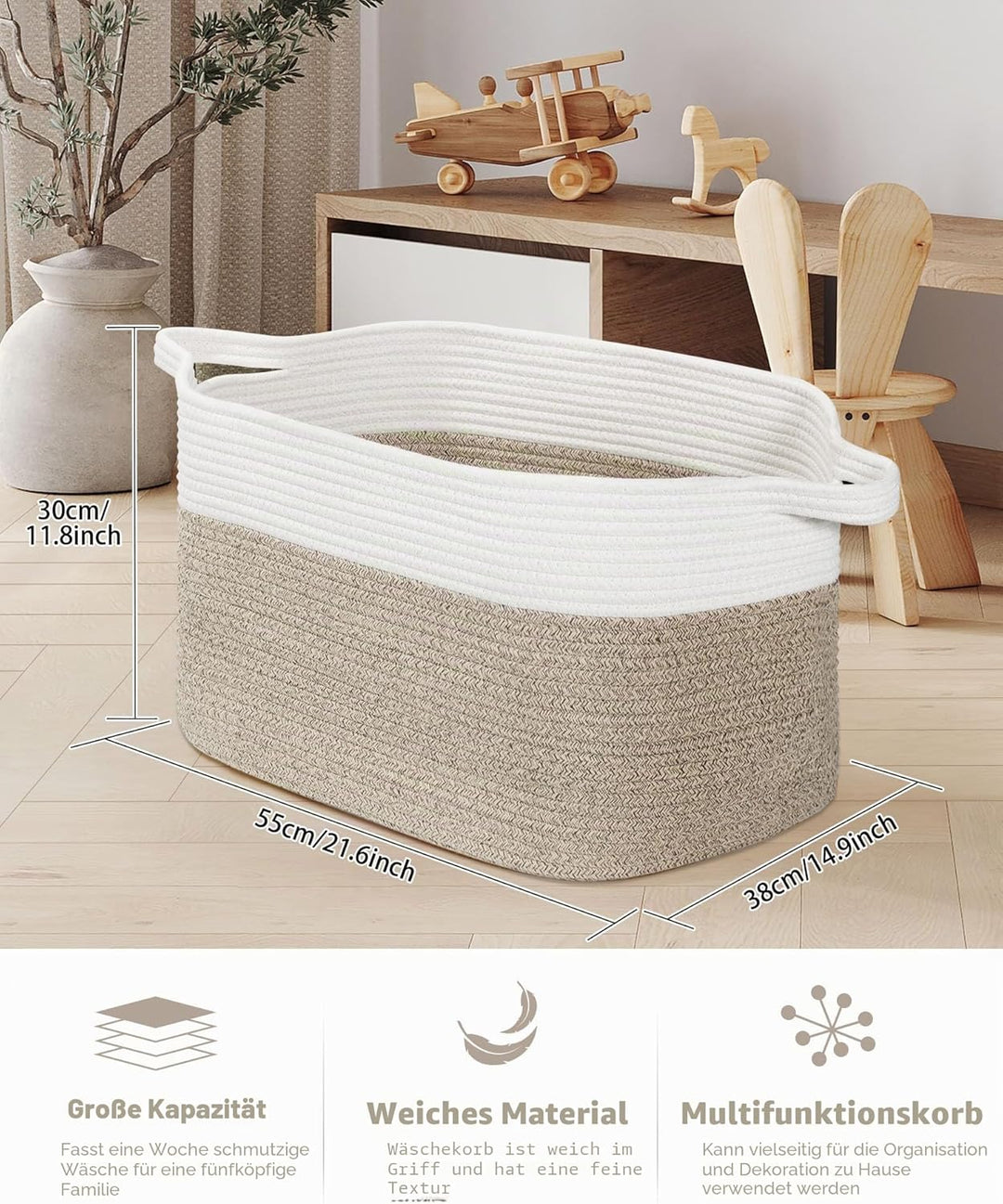 Faltbarer Wäschekorb, Korb Aufbewahrung, 63L Grosse Wäschesammler, Laundry Baskets aus Baumwolle, Ge