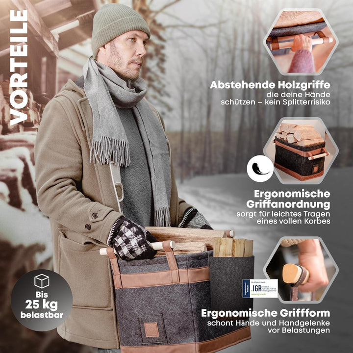 OAKAGE® Holzkorb für Kaminholz Gross mit Zündholzkorb [Schmutzabweisendes Innenfutter und Lederboden