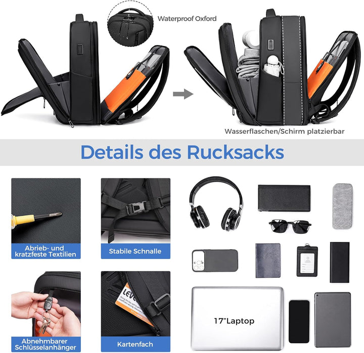 Business Rucksack Herren, USB-Anschluss – Arbeitsrucksack-Travelite Rucksack Erweiterbar 26L-38L für
