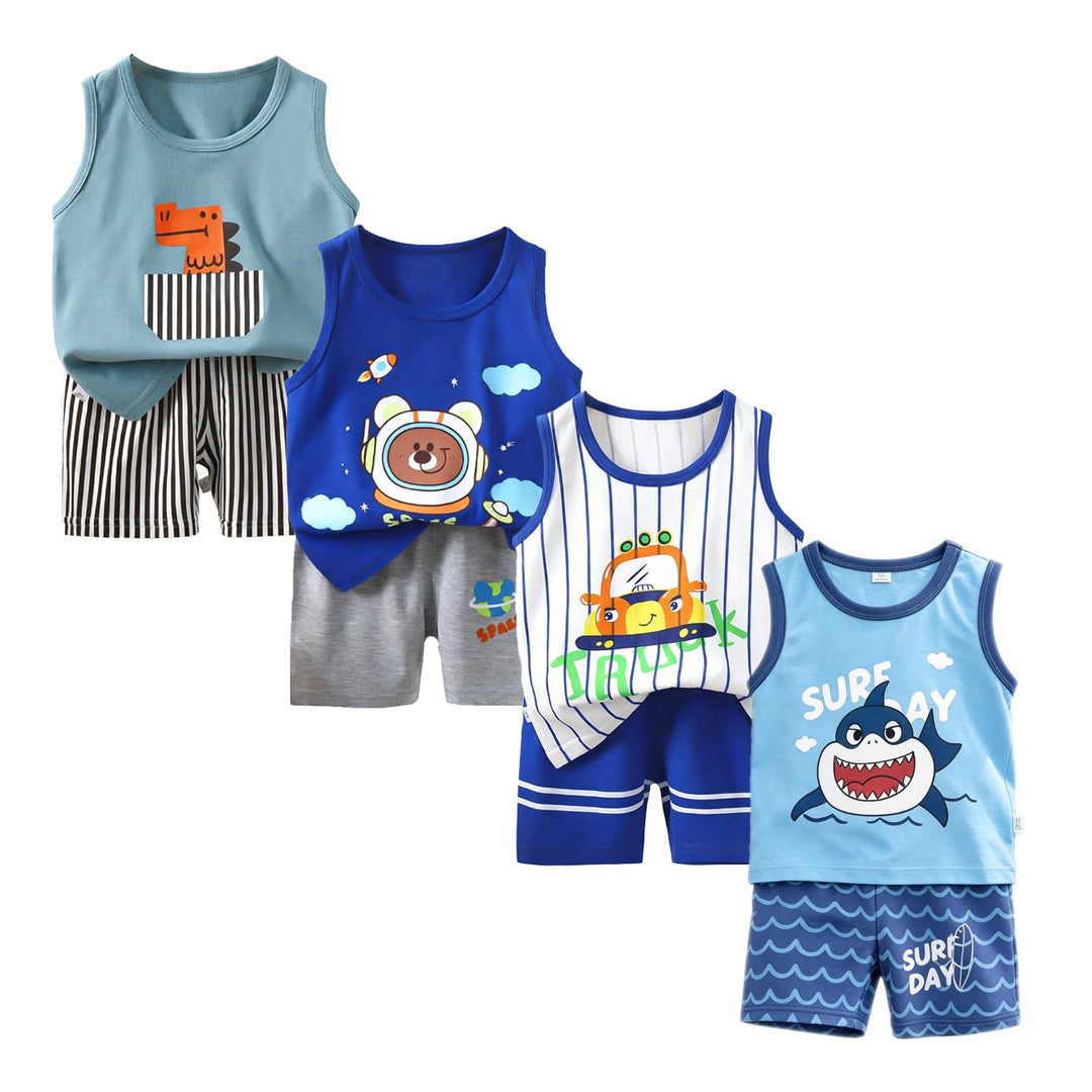 8er Pack Baby Kinder Outfit Set, Ärmelloses Baumwoll Weste + Shorts, Cartoon Print Jungen Mädchen 3
